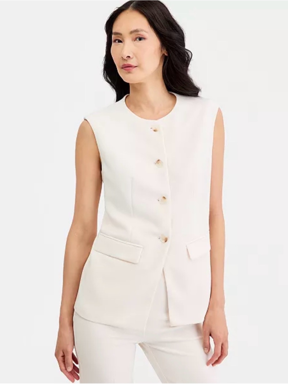 NWT! Anne Klein Sleeveless Button-Front Vest in White Dove